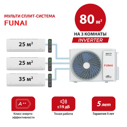 Мульти сплит система Funai RAM-I-SG30HP.W03/Sx2 + RAM-I-SG35HP.W03/S/ RAM-I-3OK80HP.01/U (комплект)