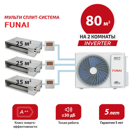 Мульти сплит система Funai RAM-I-OK30HP.D01/Sx2 + RAM-I-OK35HP.D01/S/ RAM-I-3OK80HP.01/U (комплект)